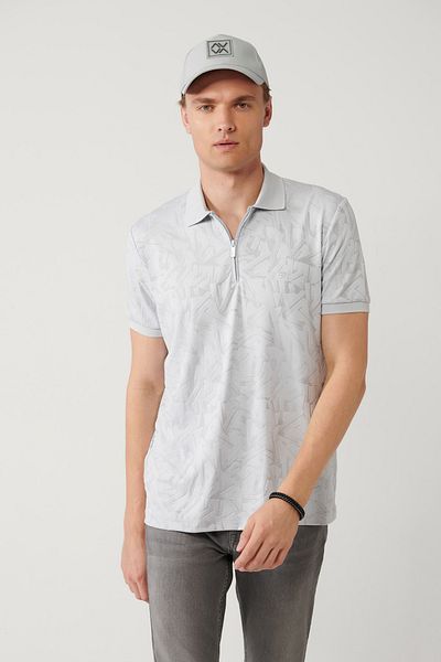 Avva Graues Herren-T-Shirt mit Jacquard-Polokragen und Reißverschluss A41y1118