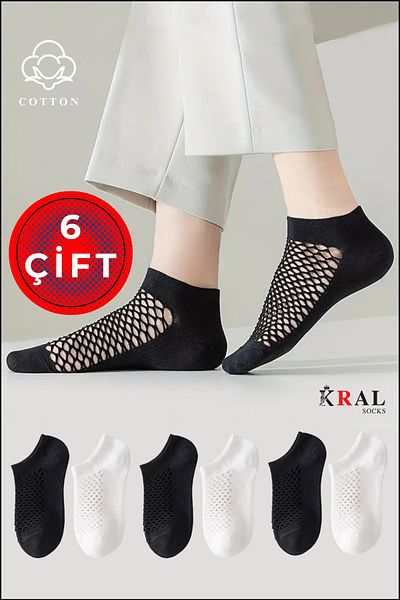 KRAL SOCKS Women's Booties (6 Pairs) Quarter Socket Mesh Model Cotton Anti-Sweat Socks Set