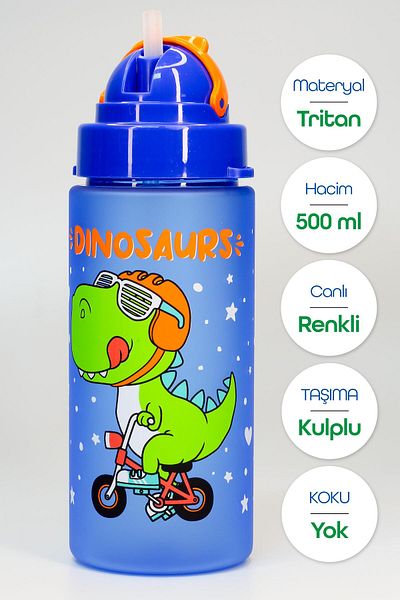 Telvesse Children's Water Bottle Tritan Water Bottle with Straw Neck Strap Dinosaur School Water Bottle Bpa-Free 500ml Blue T0106