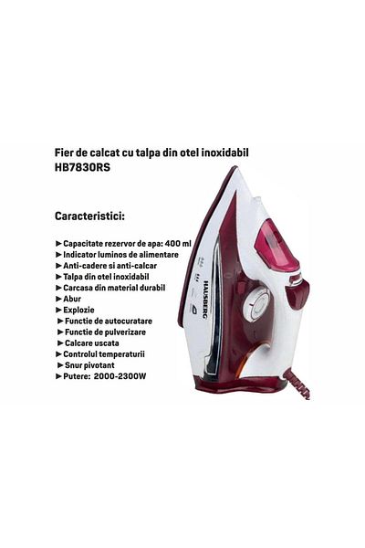 Hausberg Iron with Stainless Steel Soleplate Hb-hb7830rs, 2000-2300 W, 400 Ml, White-red