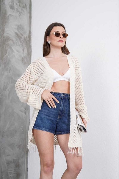 LOBOLIC "Women's Cream Color Openwork Cardigan – Loose, Lightweight, Summer"