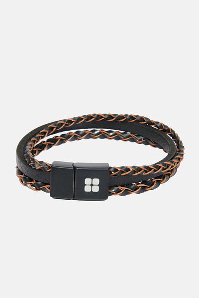 Avva Men's Brown Leather and Jewelled 2-Piece Bracelet A32y9632