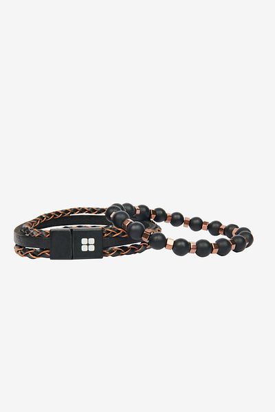 Avva Men's Brown Leather and Jewelled 2-Piece Bracelet A32y9632