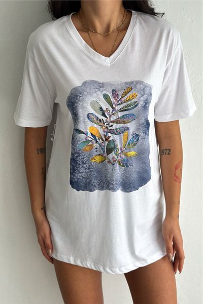 FEMELLE Women's White V-Neck Plus Size Leaf Pattern Sequin Sequin Embroidered 100% Cotton Plus Size T-Shirt