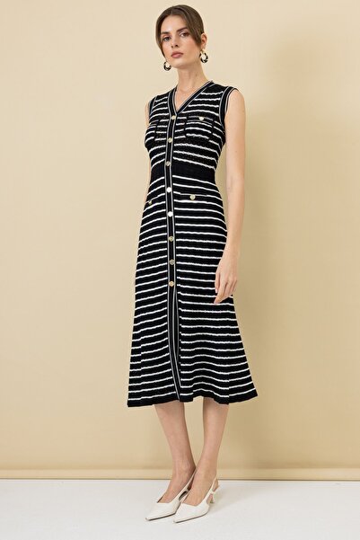 ON Çizgi Desenli Ribanalı Elbise