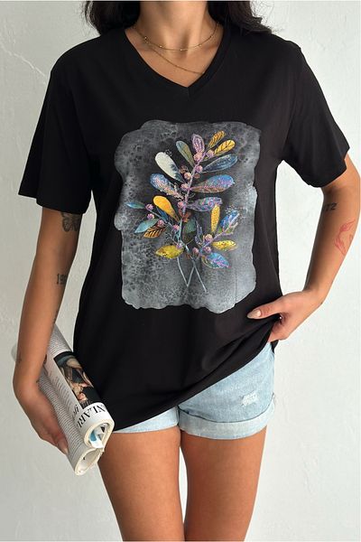 FEMELLE Women's Black V-Neck Plus Size Leaf Pattern Sequin Sequin Embroidered 100% Cotton Plus Size T-Shirt