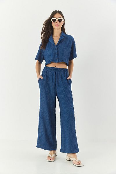 Bianco Lucci Seersucker-Crop-Jacken-Set für Damen mit elastischem Bund und Hose mit hoher Taille 9313 60281043