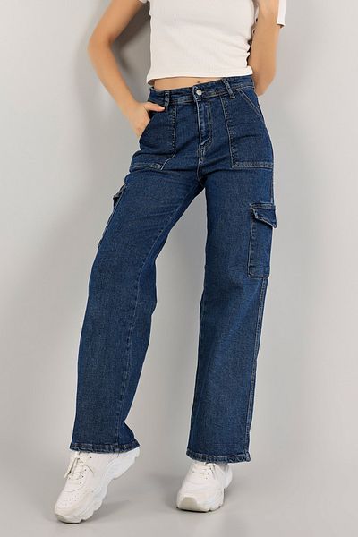 Joui Co Girl's 100% Cotton Light Blue High Waist Wide Leg Wide Leg Cargo Jeans