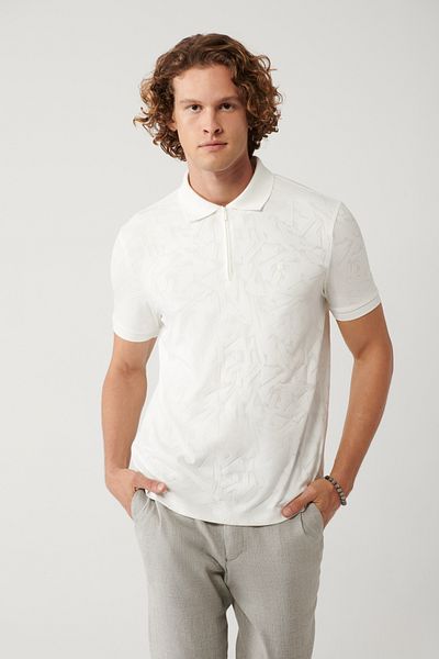 Avva Weißes Jacquard-T-Shirt mit Polokragen und Reißverschluss für Herren A41y1118