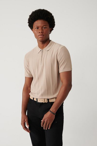 Avva Men's Mink Zippered Ribbed Braided Polo Neck Knitwear T-Shirt A41Y5073