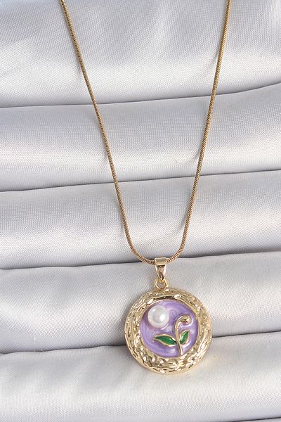 BESKAR 316L Steel Gold Color Chain Purple Flower Embroidered Pearl Detail Portrait Model Women's Necklace