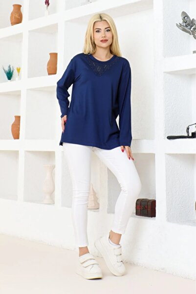 FATELLA Дамска блуза с дълъг ръкав, бродерия с мъниста, удобна кройка, за Ден...