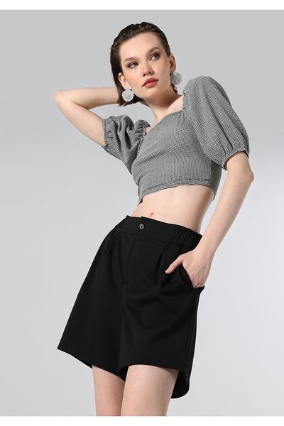 Colin's Tricou negru cu mânecă scurtă pentru femei, cu guler pătrat, slim fit