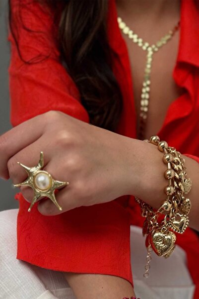 BYP Atelier خاتم اللؤلؤ الصناعي نجم البحر ذهبي