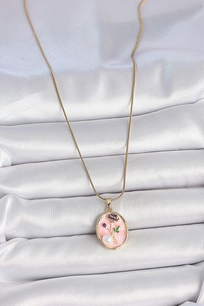 BESKAR 316L Steel Gold Color Chain Pink Flower Embroidered Pearl Detail Portrait Model Women's Necklace
