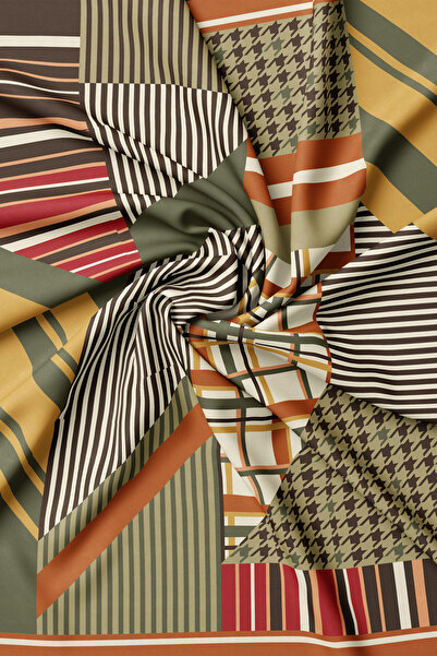 Vakko Khaki Geometric Patterned Cashmere/Silk Scarf