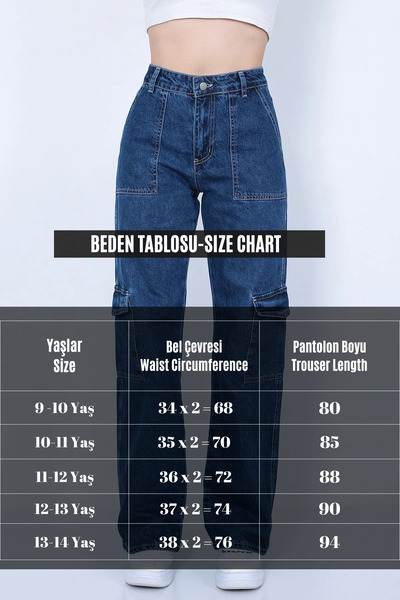 Joui Co Kız Çocuk %100 Pamuk Açık Mavi Yüksek Bel Geniş Paça Wide Leg Kargo Kot Pantolon