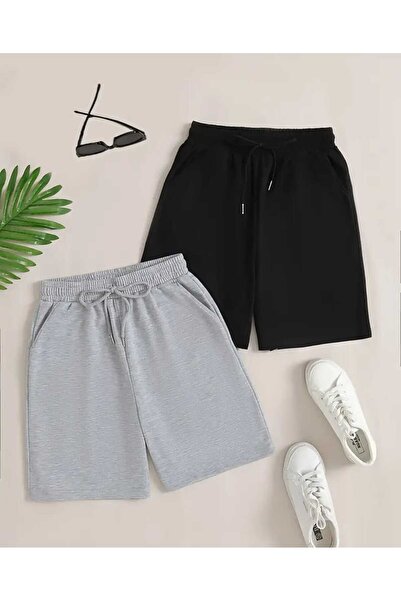 yg ydn giyim 2 Li Boy 43 Cm Diz Üstü Rahat Kesim Beli Lastikli Yazlık Yumuşak Kumaş Cepli Şort