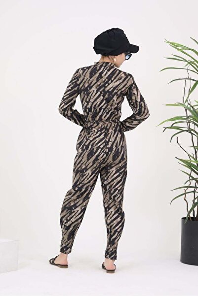 NS Tasarım Tesettür Mayo Kahverengi Çizgi Desen Tasarım Tesettür Paraşüt Kumaş Tulum Mayo