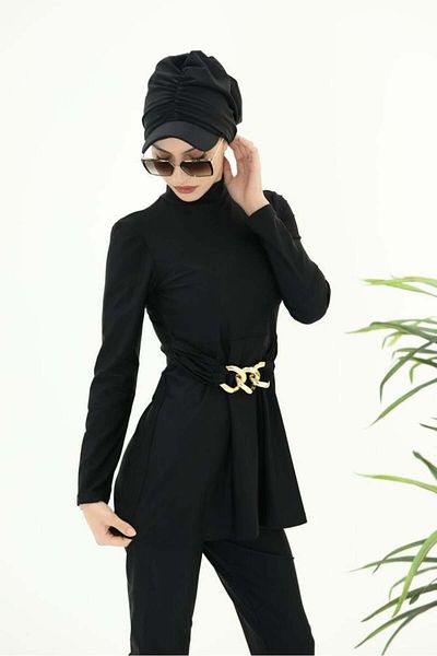 NS Tasarım Tesettür Mayo Fulya Chain Detailed Double Design Hijab Suit Swimsuit