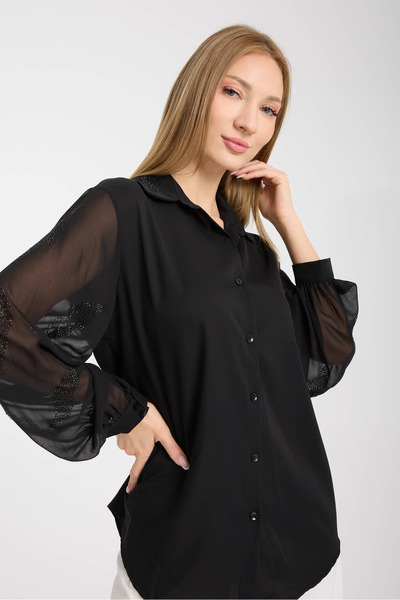 Moda Days Taşlıs ile Siyah Şifon Saten Kadın Gömlek