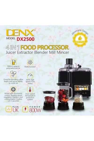Denx 4 في 1 معالج طعام وعصارة وخلاط ومطحنة ومفرمة 800 واط