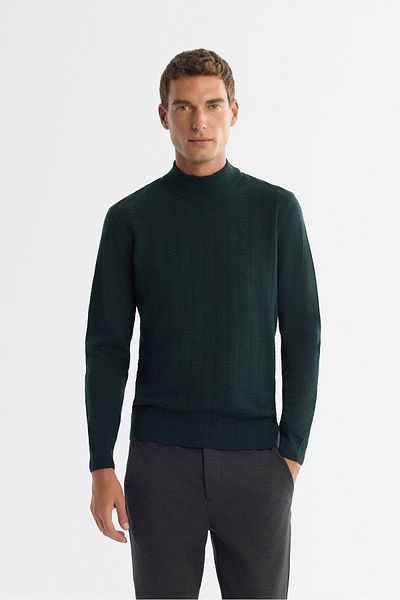 Avva Men's Green Half Turtleneck Textured Knitwear Sweater E 005108