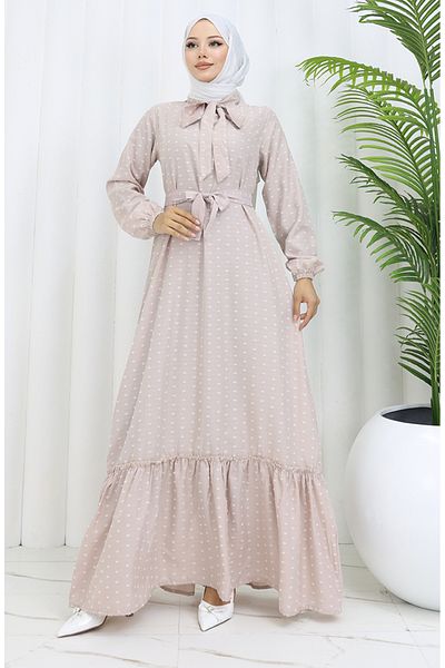sefamerve Beigefarbenes Kleid mit Druckknopfmuster und Schärpe – 0383-07