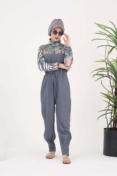 NS Tasarım Tesettür Mayo Hijab Parachute Fabric - Dream Gray Patterned Jumpsuit Swimsuit