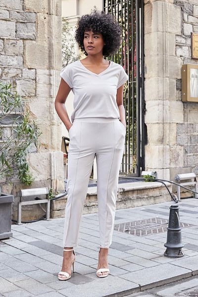 Jument Women's Modal Silky Lycra Fabric High Waist Front Seam Pocket Skinny Leg Pants-Stone
