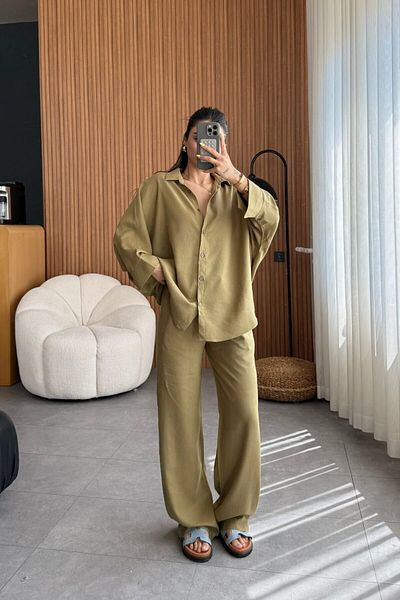 My Blog Khaki Lirio Shirt Pants Set - 8674