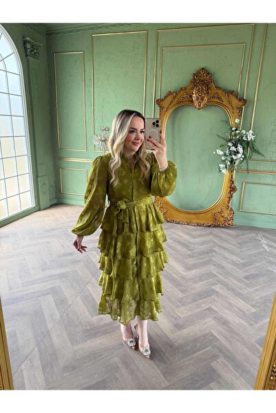Byelifdursun Diamond Kat Kat Şifon Elbise Olive