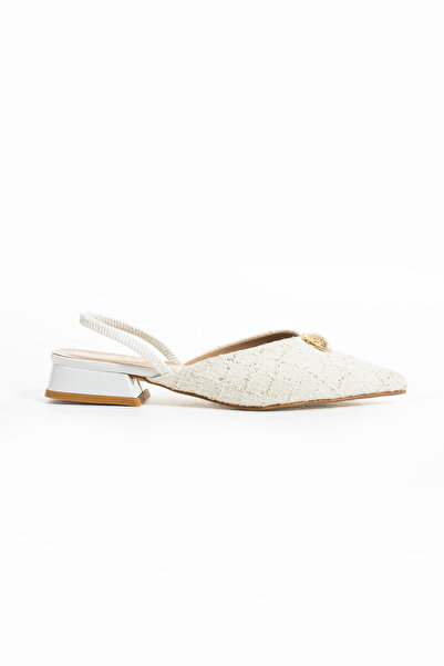Gökçe Shoes Rinia Beyaz Kilim Kumaş Toka Detay Arkası Lastikli Kadın Babet
