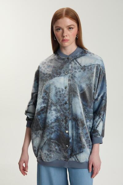 Zühre Desenli Hakim Yaka Düğmeli Mavi Ceket C-0099