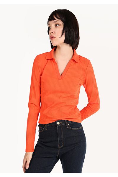 Colin's Tricou portocaliu cu mânecă lungă pentru femei, slim fit, cu gât polo
