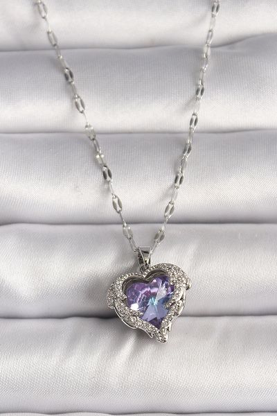 Skygo 316L Steel Silver Color Zircon Stone Purple Heart Model Women's Necklace - Tj-Bko9696