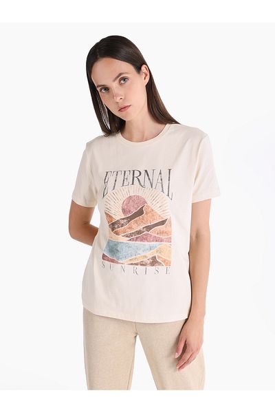 Colin's Tricou alb cu mânecă scurtă pentru femei, cu gât rotund, cu croiala normală