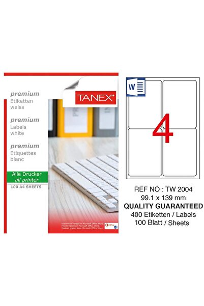 Tanex TW-2004 Yazıcı Etiketi 99.1 x 139 mm 400 Adet - Beyaz