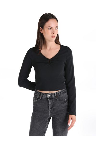 Colin's Tricou negru cu mânecă lungă pentru femei, slim fit, cu decolteu în V