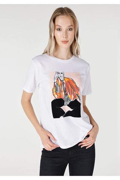 Colin's Tricou alb cu mânecă scurtă pentru femei, cu gât rotund, cu croiala normală