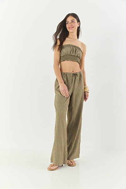 Bianco Lucci Women's Striped Gipe Detailed Crop Top Waist Drawstring Wide Leg Pants Bottom-Top Suit 60283262