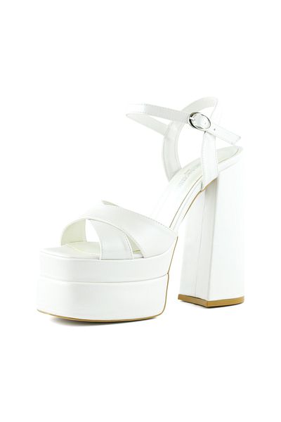 Erkan Saçmacı Whitney Pearl White Open Front Back Double Platform Strap Evening Dress Bridal Shoes