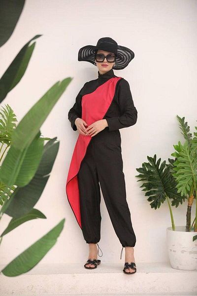 NS Tasarım Tesettür Mayo Fuchsia Ocean Hijab Jumpsuit - Striped Swimsuit