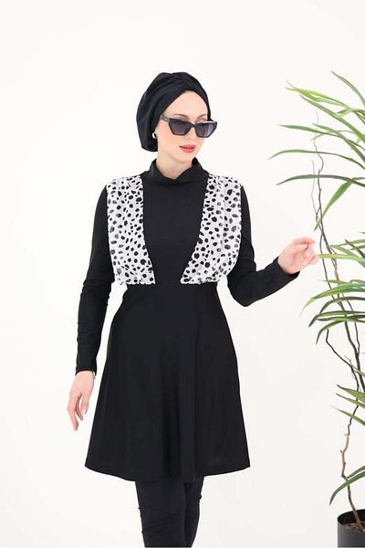NS Tasarım Tesettür Mayo Nalan Chiffon Detailed Dalmatian Pattern Design Hijab Double Swimsuit Set