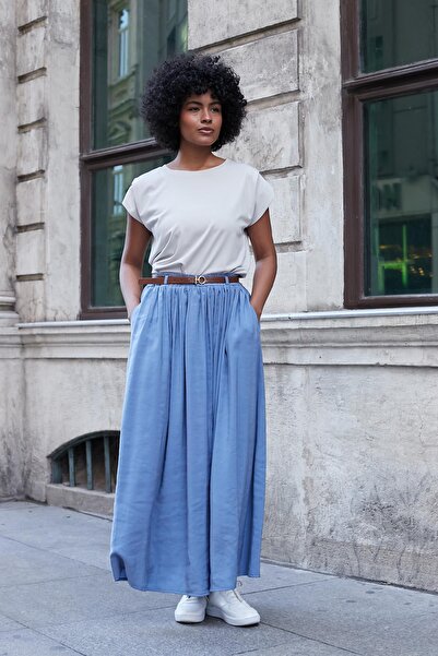 Jument Women's Silky Textured Modal Fabric Ankle Length Long Skirt with Pockets and Elasticated Waist (Leather Belt Included)-Indigo