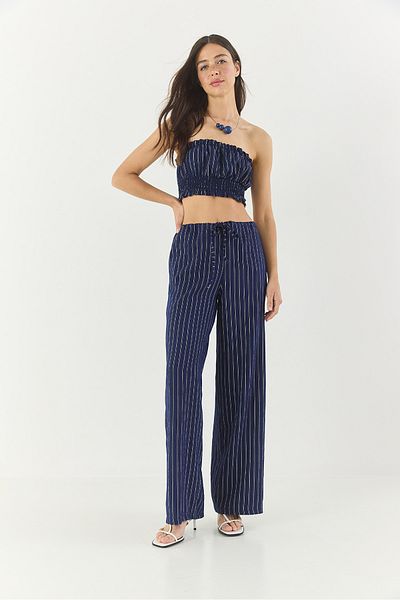 Bianco Lucci Gestreiftes Gipe-Top für Damen mit detailliertem Crop-Top, Kordelzug in der Taille und weitem Bein, Hose unten oben, Set 60283262