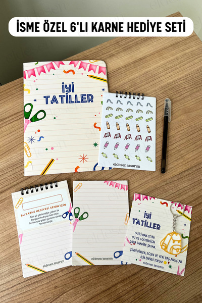 Eldesen Tasarım İsme Özel Karne Hediyesi 6'lı Set, Karne Kılıfı, Spiralli Defter, Anahtarlık, Etiket, Bloknot, Kalem