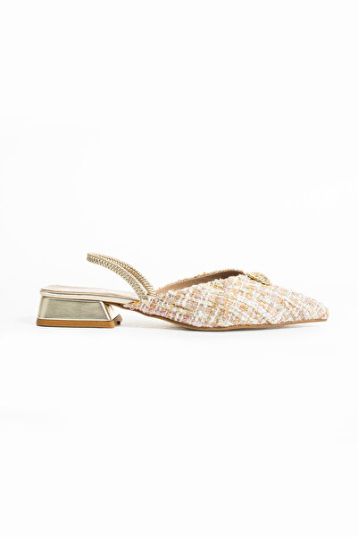 Gökçe Shoes Rinia Krem Kilim Kumaş Toka Detay Arkası Lastikli Kadın Babet