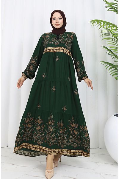 sefamerve Smaragdgrünes Viskosekleid - Große Größe, Blumenmuster 4084-06