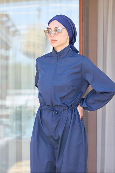 NS Tasarım Tesettür Mayo Pleated Leg Navy Blue Design Hijab Parachute Fabric Jumpsuit Swimsuit